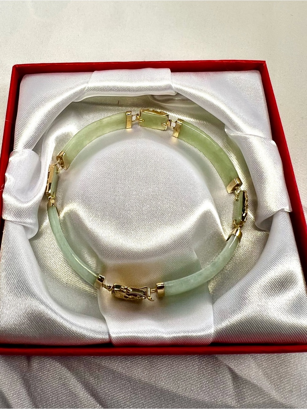 Vtg Chinese jade 14k Y gold Dragon Bracelet, marked W 585, 7” long.